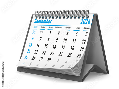 2026 year. Calendar for September. Isolated 3D illustration