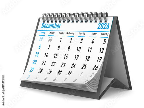2026 year. Calendar for December. Isolated 3D illustration