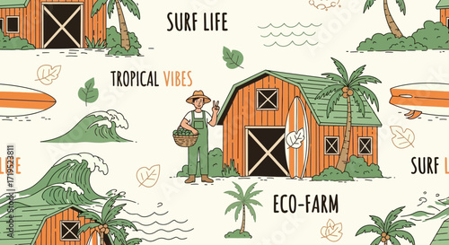 Whimsical eco-farm and surf life pattern with tropical vibes creating a joyful backdrop featuring