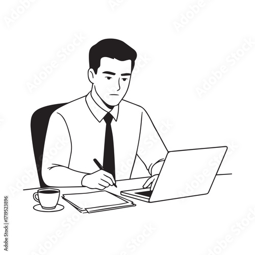 Black and white line art of a hardworking man at office desk with laptop and documents minimalist illustration