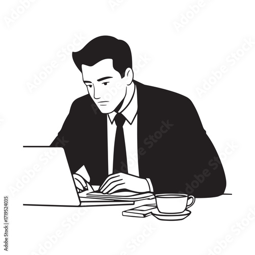 Black and white line art of a hardworking man at office desk with laptop and documents minimalist illustration