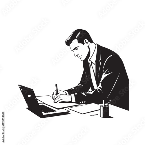 Black and white line art of a hardworking man at office desk with laptop and documents minimalist illustration