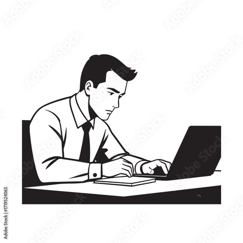 Black and white line art of a hardworking man at office desk with laptop and documents minimalist illustration