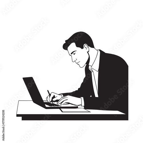 Black and white line art of a hardworking man at office desk with laptop and documents minimalist illustration