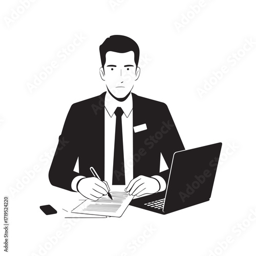 Black and white line art of a hardworking man at office desk with laptop and documents minimalist illustration