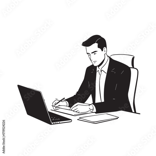 Black and white line art of a hardworking man at office desk with laptop and documents minimalist illustration