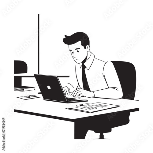 Black and white line art of a hardworking man at office desk with laptop and documents minimalist illustration