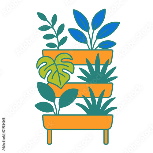 Vibrant Vertical Garden with Assorted Potted Plants Illustration.