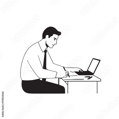 Black and white line art of a hardworking man at office desk with laptop and documents minimalist illustration