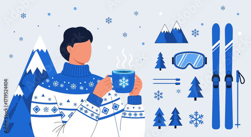 Winter recreation and relaxation with skiing mountains and hot drink enjoyment