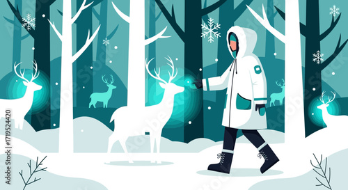 Winter wonderland adventure: A traveler encounters magical deer in a snowy forest