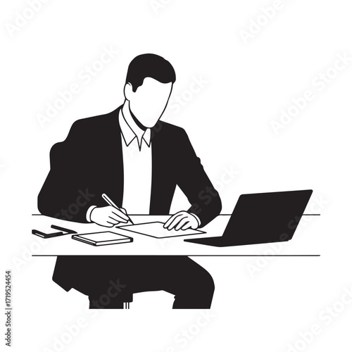 Black and white line art of a hardworking man at office desk with laptop and documents minimalist illustration