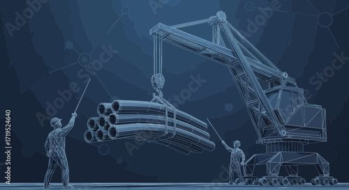 Wireframe illustration featuring construction workers and crane lifting metal pipes in a digital