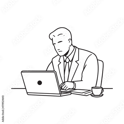 Black and white line art of a hardworking man at office desk with laptop and documents minimalist illustration