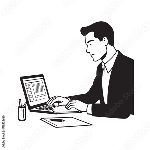 Black and white line art of a hardworking man at office desk with laptop and documents minimalist illustration