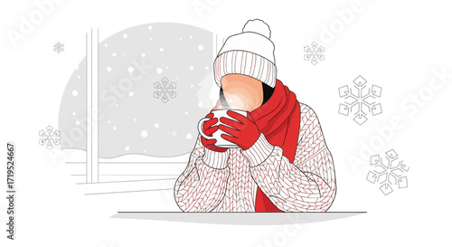 Woman enjoying a warm drink indoors during a snowy winter day illustration