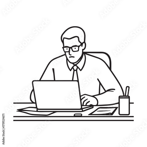 Black and white line art of a hardworking man at office desk with laptop and documents minimalist illustration