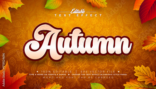 Autumn Text Effect Design Editable and Scalable Vector Graphic Style with Shadow and Falling Leaves on Hand Drawn Doodle Background. Autumnal Typography Lettering Illustration Template for Greeting Ca