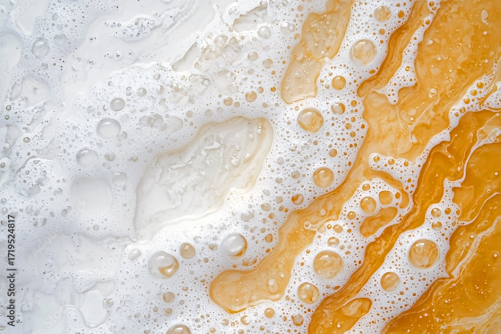 Naklejka premium Macro of orange bubbles and thick white foam on liquid surface, forming abstract pattern with vibrant contrast and round textures