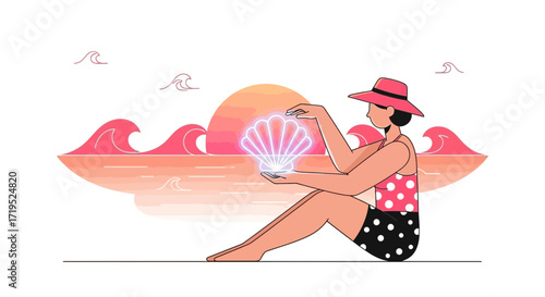 Woman holding a glowing seashell on a stylized sunset beach evoking summer vibes
