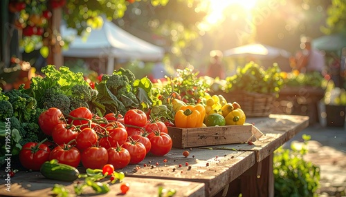 Vibrant Vegetables and Fruits Displayed on Wooden Table at Sunny Outdoor Market Place
