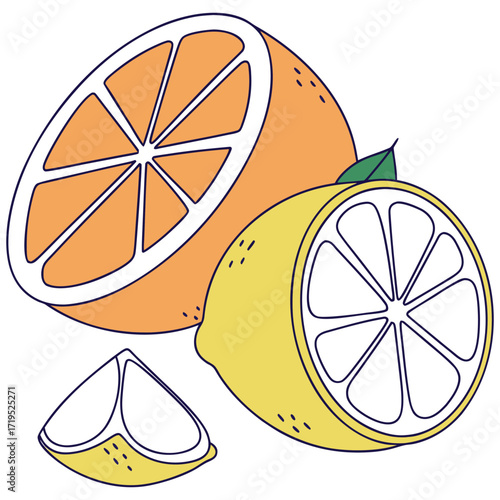 Vibrant citrus fruit slices including orange and lemon depicted with clean outlines and bright colors for design projects