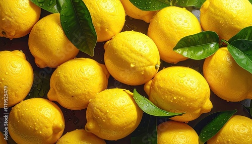 Vibrant Yellow Lemons with Green Leaves on Dark Background Fresh Fruit Citrus Refreshment Natural Food Healthy Eating Organic Produce Vitamin C Source