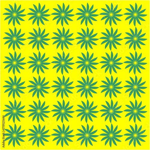 Green floral bursts spread gracefully across a golden-yellow field, symbolizing sunlight, vitality, harmony, and the eternal rhythm of life’s flourishing natural beauty.