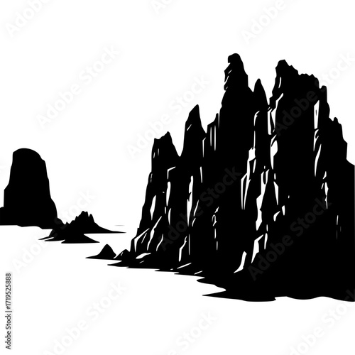 Black and white vector illustration of rocky coastline cliff formation silhouette