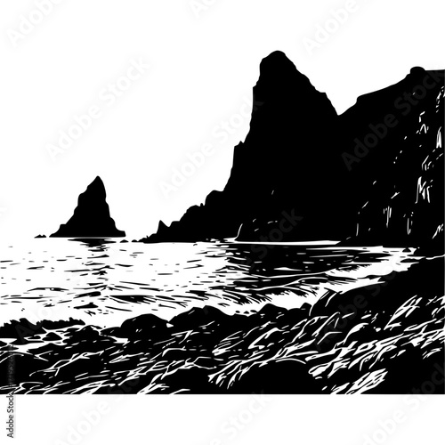 Black and white vector drawing of rocky coastline landscape seascape view silhouette
