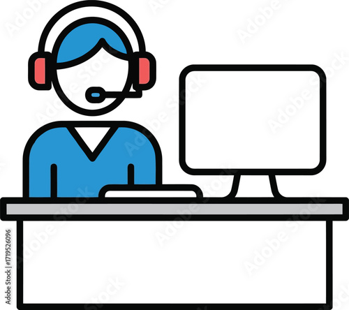 Customer support agent with headset and computer icon representing online service and communication vector