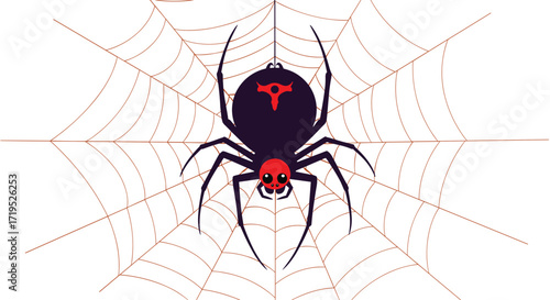 A dangerous black widow spider sits patiently in its intricate web.
