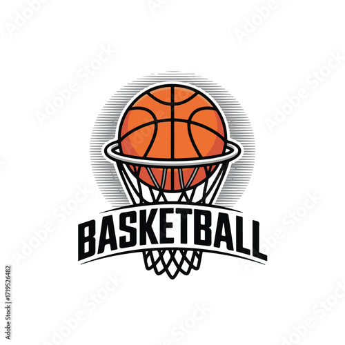 Vector art of a stylized illustration of a basketball going into a net with the word basketball below it