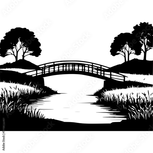 Black and white bridge landscape vector illustration silhouette design
