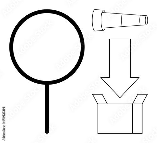 Magnifying glass, telescope, downward arrow, and open box symbolize search, discovery, focus, exploration, analysis problem-solving and innovation. Ideal for research education technology