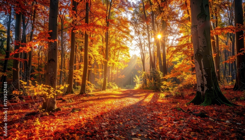 Obraz premium Sunlit Autumn Forest with Fallen Leaves Golden Light Filtering Through Trees on Forest Floor at Sunny Day