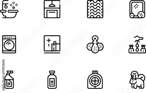 Home cleaning doodle icon set. Cute hand drawn illustrations of bathroom, kitchen, carpet, spray, window, eco-friendly products. Black and white cartoon art for hygiene and house care 