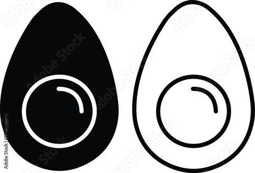 Egg icon set in black flat and outline vectors of whole cracked broken eggs, food symbols design elements for easter decoration and chicken hatch graphic template isolated on transparent background.