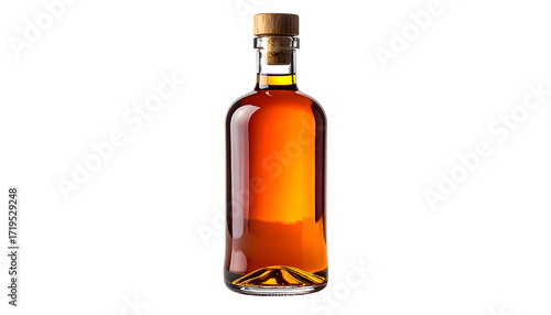 Amber liquid in a clear glass bottle with a cork stopper, set against a black background