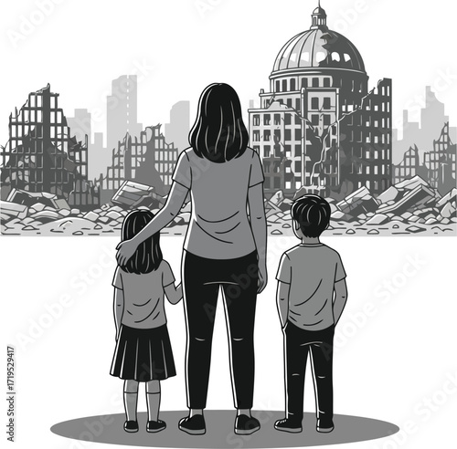 Mother and children observe destroyed city in post apocalyptic aftermath survival concept illustration vector
