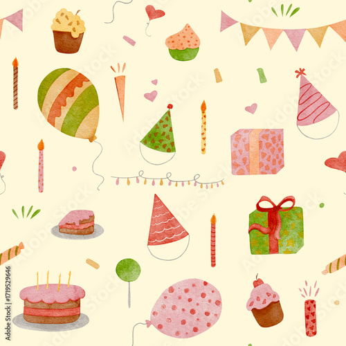 Watercolor seamless birthday pattern with balloons, cake, candles, hats, numbers, and gifts on lemon yellow background for cheerful festive decoration and design