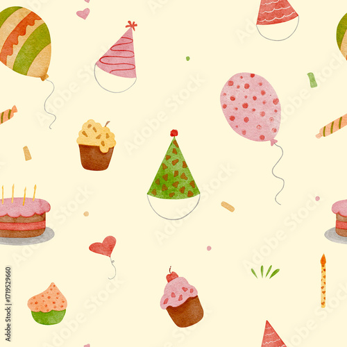 Watercolor seamless birthday pattern with balloons, cake, candles, hats, numbers, and gifts on lemon yellow background for cheerful festive decoration and design