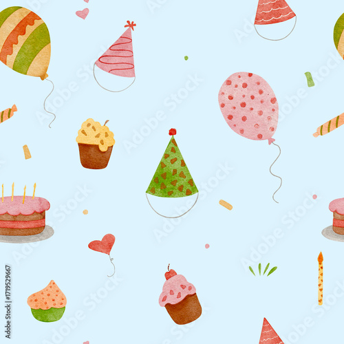 Seamless watercolor pattern of birthday elements with balloons, cake, candles, hats, numbers, and gifts on light blue background for festive design and decoration