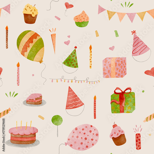 Seamless watercolor pattern with birthday balloons, cake, candles, hats, numbers, and gift boxes on beige background perfect for festive wrapping, cards, and textiles