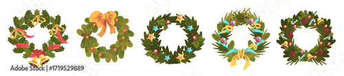 Cartoon christmas wreath. Fir branch circles decor frame on door, xmas tree pine green wreaths red ribbon bell new year winter holiday round decoration, classy vector illustration