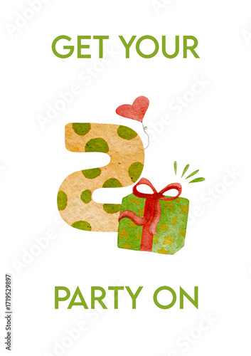 Watercolor birthday card with text Turn on the party featuring number 2 and gift box on white background for festive greetings and creative celebration design