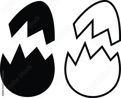 Egg icon set in black flat and outline vectors of whole cracked broken eggs, food symbols design elements for easter decoration and chicken hatch graphic template isolated on transparent background.