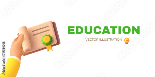3d hand certificate. Arm hold diploma, school education university academic degree online course award student receive badge college completion document render vector illustration
