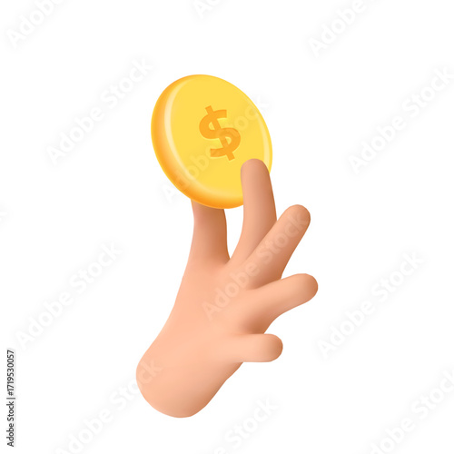 3d hand coin. Arm holding gold coins, giving money dollar finance budget fund save invest pay cash donation income cashback shopping business concept render vector illustration