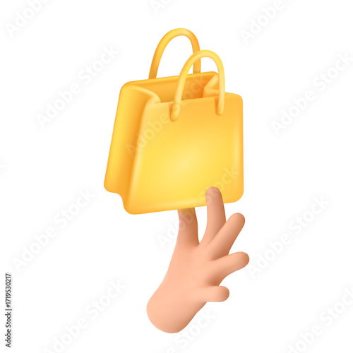 3d hand shop bag. Arm holding shopping paper bag, giving supermarket gift package grocery delivery online store purchase fashion buy concept realistic cartoon vector illustration